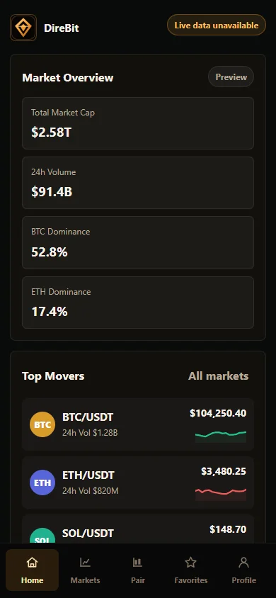 DireBit home screen showing market overview statistics and top moving trading pairs