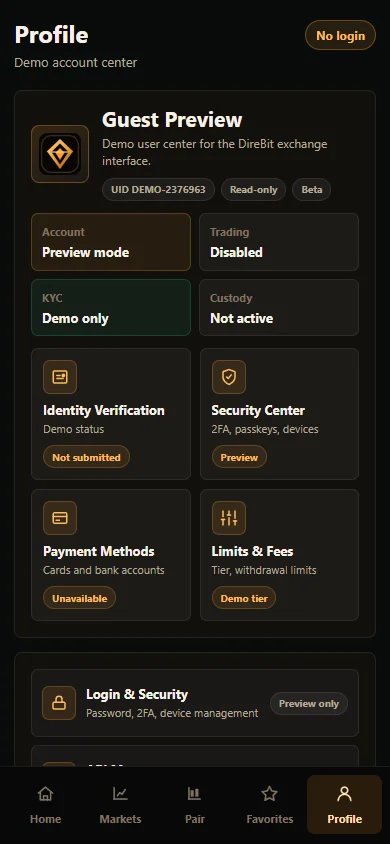 DireBit profile and account center screen with security, verification and limits